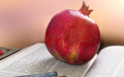 pomegranate on top of a Hebrew bible